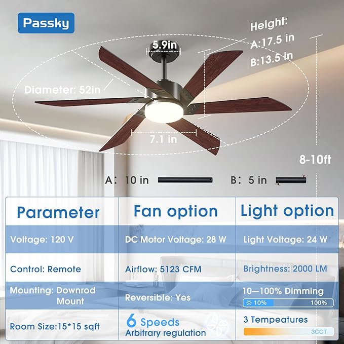 Passky Ceiling Fans with Lights, 52 inch Ceiling Fan with Light and Remote Control, 3CCT, Dimmable, Reversible, Noiseless, Black Contemporary Ceiling Fan for Bedroom, Living Room