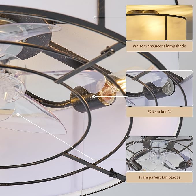hummingbird 20inch Low Profile Caged Ceiling Fans with Lights, Flush Mount Ceiling Fan with Lights and Remote, Bladeless Modern Enclosed with 6 Speeds for Bedroom, Kitchen, Black