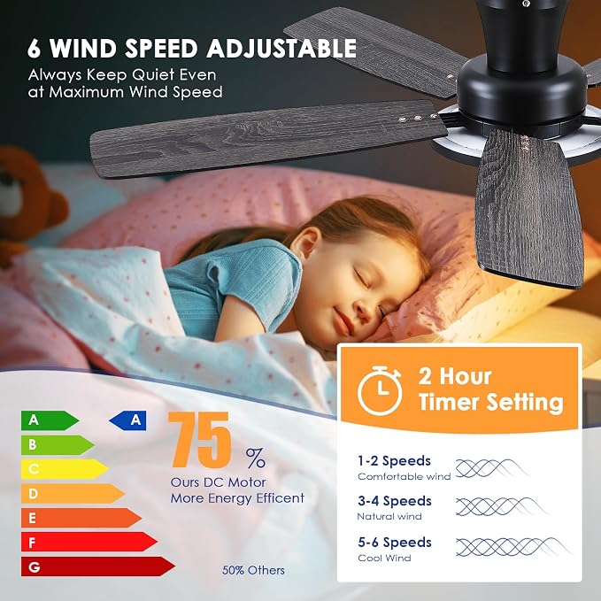 BYKISTOK Flush Mount Ceiling Fan with RGB Light - 52In Black Ceiling Fan Light with Reversible Mute Motor, LED 3CCT Dimmable, Low Profile Modern Ceiling Fans for Indoor, Party, Covered Outdoor
