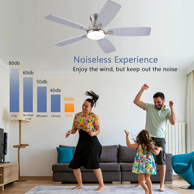 NKPU 46" Ceiling Fans with Lights, Low Profile Ceiling Fan with Light and Remote/APP Control, DC Reversible Motor, 3CCT, Noiseless, Flush Mount Ceiling Fan for Bedroom Indoor/Outdoor Use, Nickel