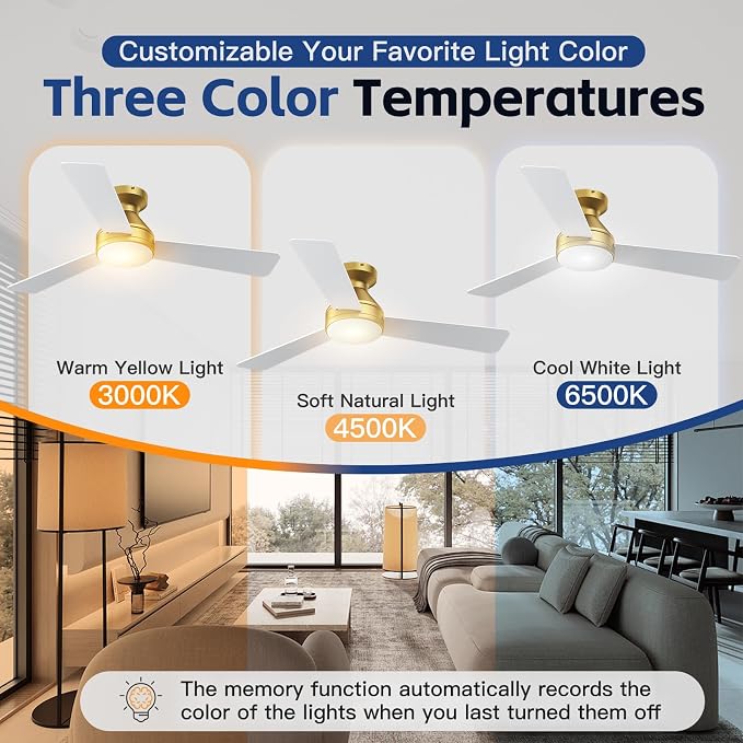 Ceiling Fans with Lights, 42 Inch Ceiling Fan with Light And Remote, 3CCT Flush Moun Low Profile Ceiling Fans, 6 Speed Noiseless LED Ceiling Fan, Advanced Gold Ceilings Fan for Bedroom Living Room
