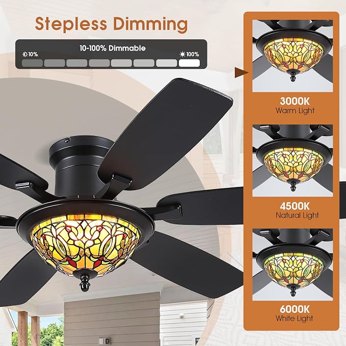 Tiffany Ceiling Fans with Lights - 52" Ceiling Fan Chandelier with Stained Glass Shade, 6 Speeds Reversible 6 Dual-Blades, Flush Mount, 3 CCT Dimmable LED Lights, Remote & APP Control, Farmhouse