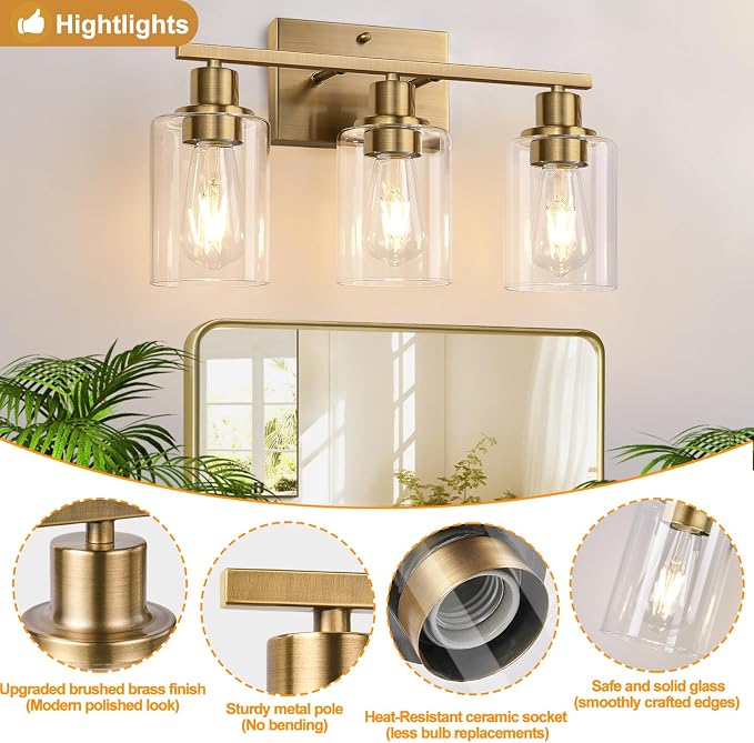 Indoi 3-Light Bathroom Light Fixtures, Brass Modern Vanity Lights with Clear Glass Shades, Bathroom Wall Lamp for Mirror Living Room Cabinet Bedroom Porch