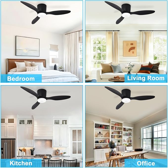 Depuley Flush Mount Ceiling Fan: 42-Inch Black Ceiling Fans with Lights for Bedroom Indoor Outdoor - Low Profile Ceiling Fans with Remote Control 24W 3CCT Dimmable 3 Reversible Black Blades 6 Speeds