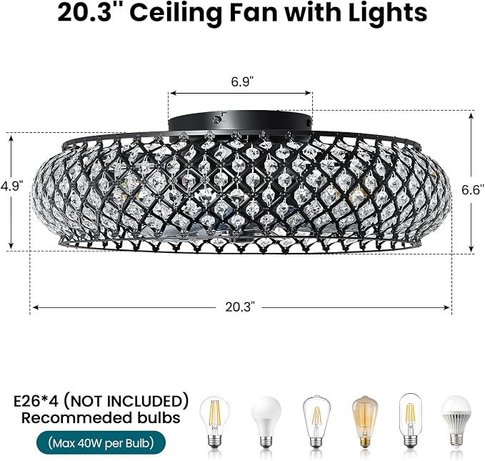 Crystal Caged Ceiling Fan Light: 20" Low Profile Fandelier Ceiling Fan Lights with Remote/Reversible 6 Speeds/Timer, Bladeless Flush Mount Chandelier Ventilador de Techo for Bedroom Living Room