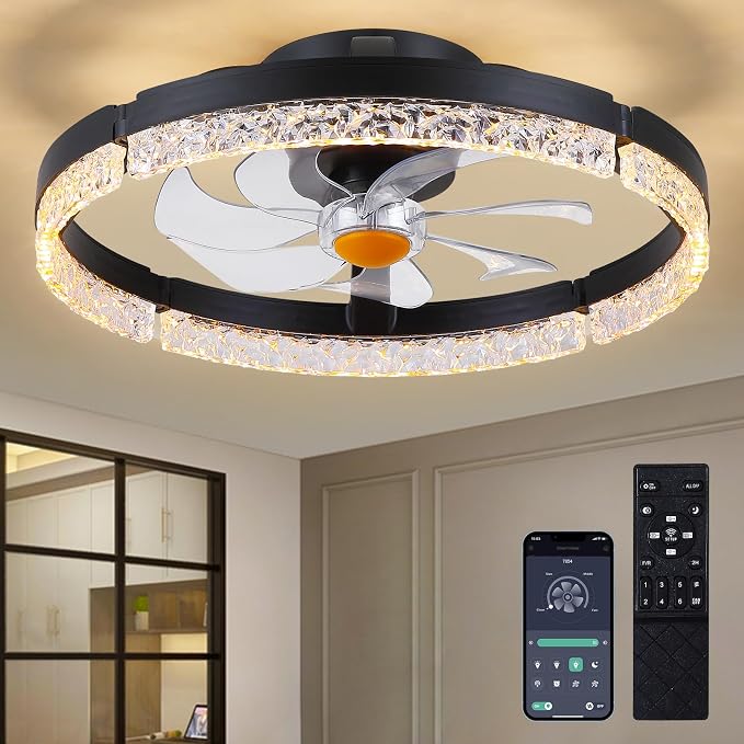 Mpayel 20" Ceiling Fans with Lights and Remote, Modern Low Profile Fandelier Ceiling Fan with Light, Quiet DC Motor, 6 Speeds, 3CCT Dimmable Bladeless Flush Mount LED Fan Light for Bedroom