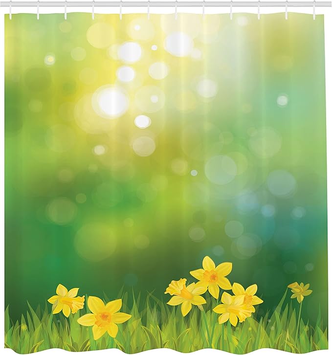 Ambesonne Daffodils Shower Curtain, Fresh Daffodil Flowers on Spring Sun Beams Blurred Background Print, Cloth Fabric Bathroom Decor Set with Hooks, 69" W x 70" L, Mustard Green