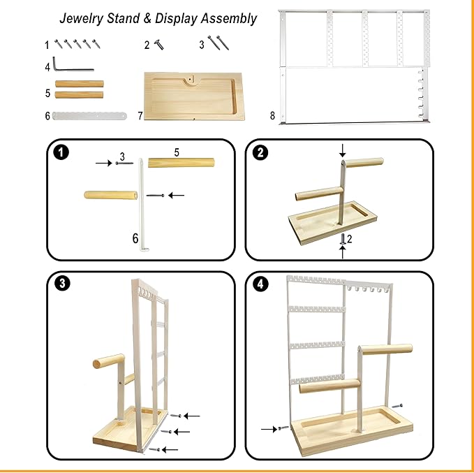 Jewelry Organizer Stand, Jewelry Holder, Lengnoy 4 Tier Earring Holder with 48 Holes and 6 Hooks Necklace Organizer Wood Box for Necklace Bracelet Earring Ring, Gold