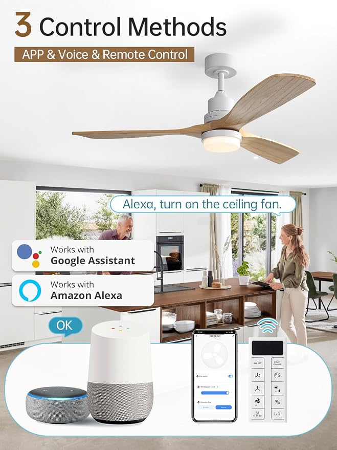 Sofucor 52 Inch Smart Ceiling Fans with Lights and Alexa/APP/Remote Control-Modern Solid Wood Outdoor 3 Blades Ceiling Fan for Indoor/Bedroom/Living Room/Kitchen/Patio, Natural Wood
