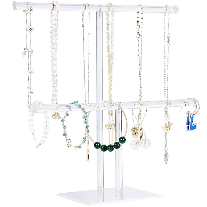 Acrylic Jewelry Stand, 2-Tier Necklace Holder, Jewelry Display Holder | Clear Bracelet Hanging Organizer, Tower Stand for Bangles, Necklaces, Bracelets, Rings, Earrings and Watch
