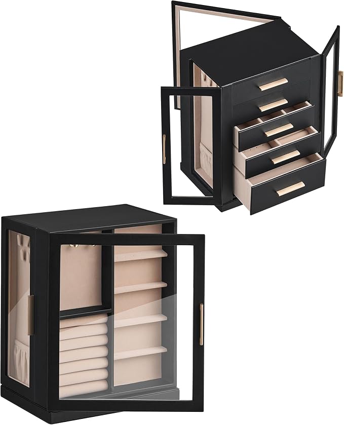 Glimmloop 360° Rotating Jewelry Box with 5 Drawers, Spacious Vertical Jewelry Organizer with Glass Window, Jewelry Storage Case, Dustproof & Moisture-resistant Design, Black