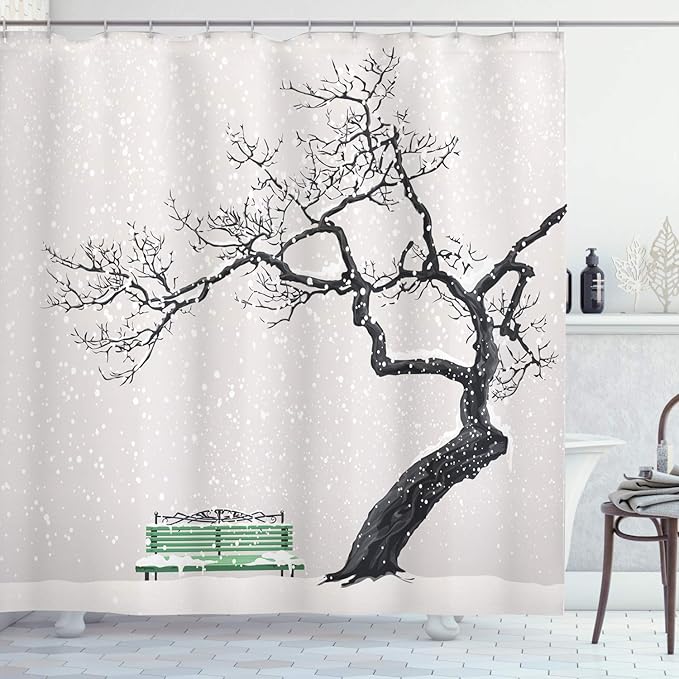 Ambesonne Tree Shower Curtain, Dramatic Winter Scenery with Retro Bench and Lonely Tree in a Cold Day, Cloth Fabric Bathroom Decor Set with Hooks, 69" W x 70" L, Charcoal Green