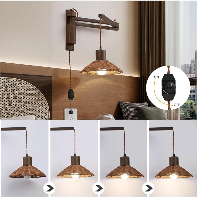 Wood Plug in Wall Sconces, Swing Arm Wall Lamp with Dimmable On Off Switch, Vintage Wall Mounted Light Fixture with Cord for Bedroom Nightstand Bedside Reading Lamp - Bulb Included