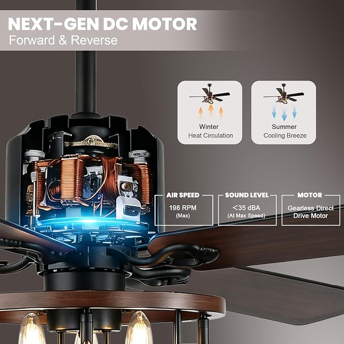 Dawn Whisper 52 Inch Farmhouse Ceiling Fans with Lights Modern Black Rustic Chandeleir Ceiling Fan for Living Room Bedroom Reversible DC Motor 6 Speeds