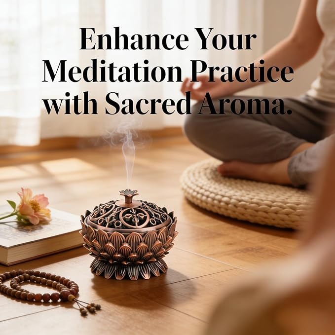 Lotus Incense Vintage Tibetan Copper Buddha Backflow Cone Holder Charcoal Burning Bowl Home Indoor Decor（2.75 x 1.97inch ）