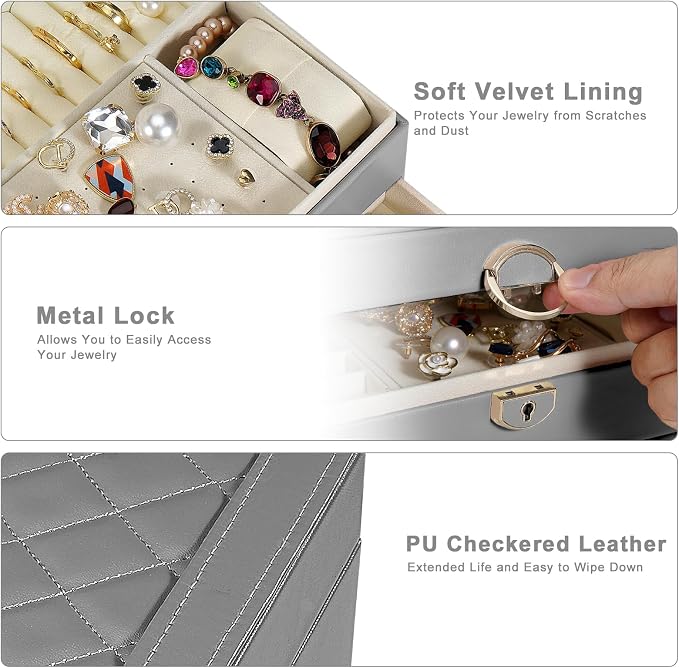 GUOER Jewelry Box for Women Girls, 3 Layers Large Jewelry Organizer (Grey) | Vintage Quilting Stitching PU Leather, Earrings Bracelets Rings Necklace Watches Storage Large Jewellery Holder Case Gifts