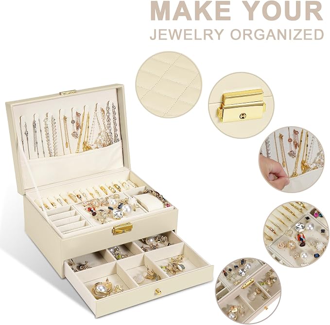 GUOER Jewelry Box for Women Girls, Two Layers Jewelry Organizer (Apricot) | Vintage Quilting Stitching PU Leather, Earrings Bracelets Rings Necklace Watches Storage Large Jewellery Holder Case Gifts