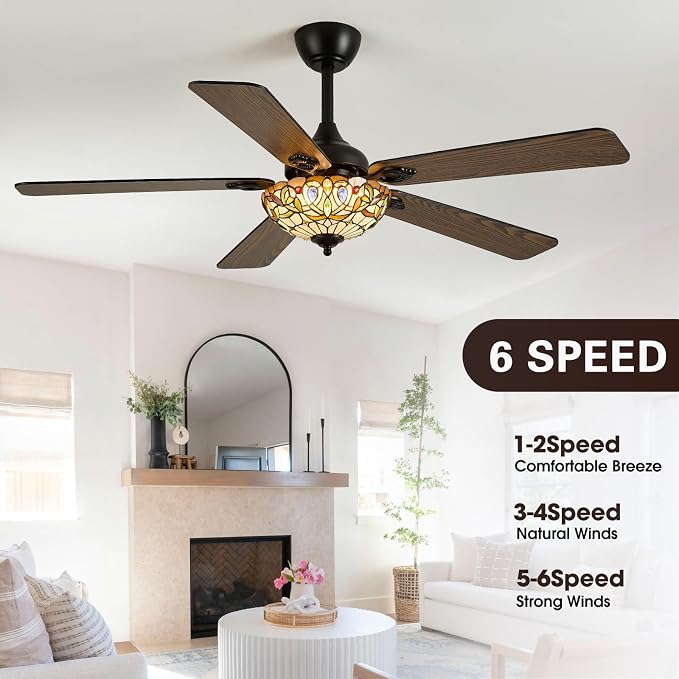52" Tiffany Style Ceiling Fans with Lights, Vintage Chandelier Ceiling Fan with Stained Glass Shade, Dimmable LED, 6 Speeds Reversible for Bedroom (Gem Art)