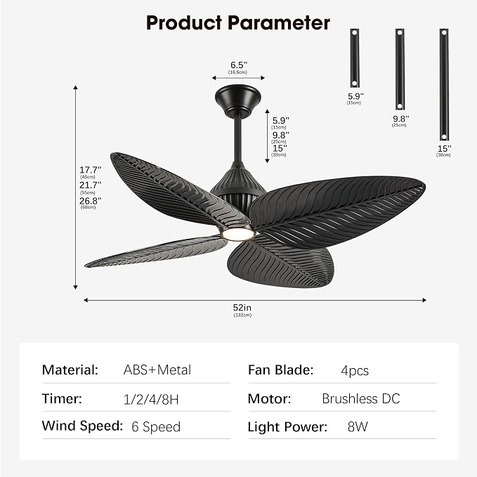 52" Tropical Ceiling Fans with Lights, Indoor Palm Leaf Ceiling Fan with Light and Remote for Living Room Bedroom, ABS Blades, Dimmable LED Lights, 6 Speeds, Adjustable Height-Black