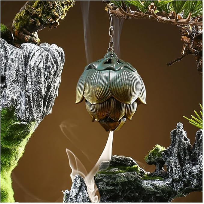 Primst Lotus Furnace Hollow Hanging Ball Incense Burner, Ceramic Backflow Incense Cones and Incense Coil Holder for Home Office Ornament Decoration