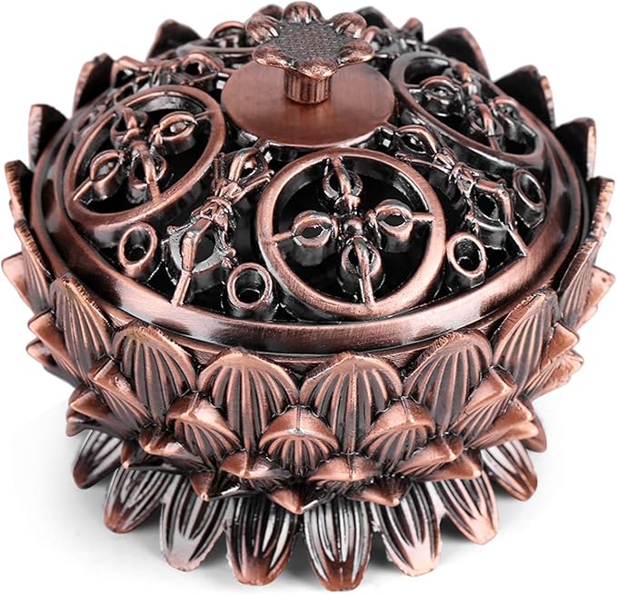 Lotus Incense Vintage Tibetan Copper Buddha Backflow Cone Holder Charcoal Burning Bowl Home Indoor Decor（2.75 x 1.97inch ）