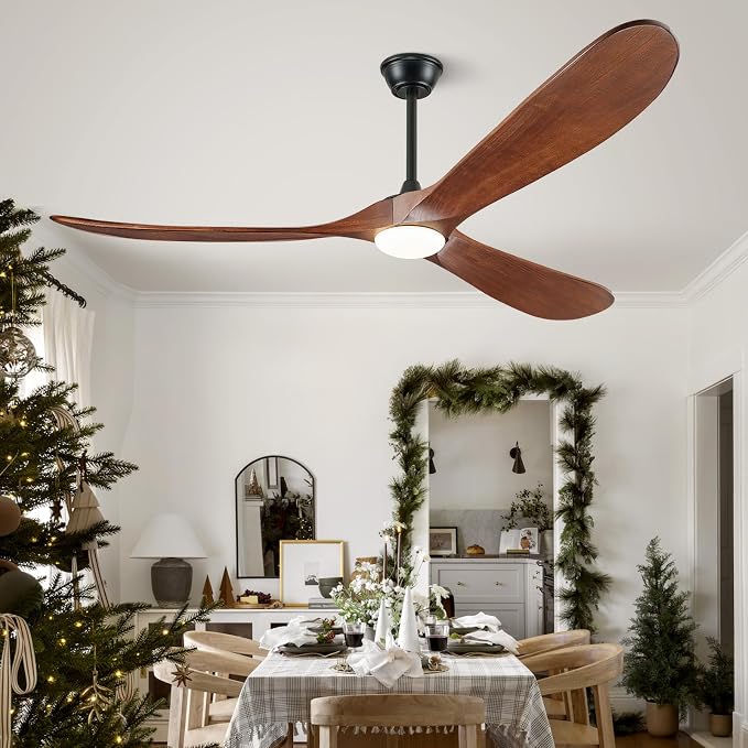 60" Outdoor Ceiling Fans with Lights and Remote Control, 3 Blade Ceiling Fan with Lights High CFM Quiet Wood Walnut Outdoor Fan, Propeller Ceiling Fan for Outdoor/Indoor/Patio,Deep Walnut
