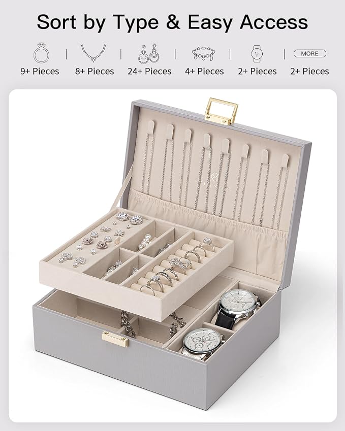 VLANDO 2 Layer Jewelry Box Large Jewelry Organizer for Women Removable Jewelery Tray with Watch Pillow for Necklace Earrings Rings Bracelets Gifts for Couples Mom Friends, Bridesmaid (Grey)