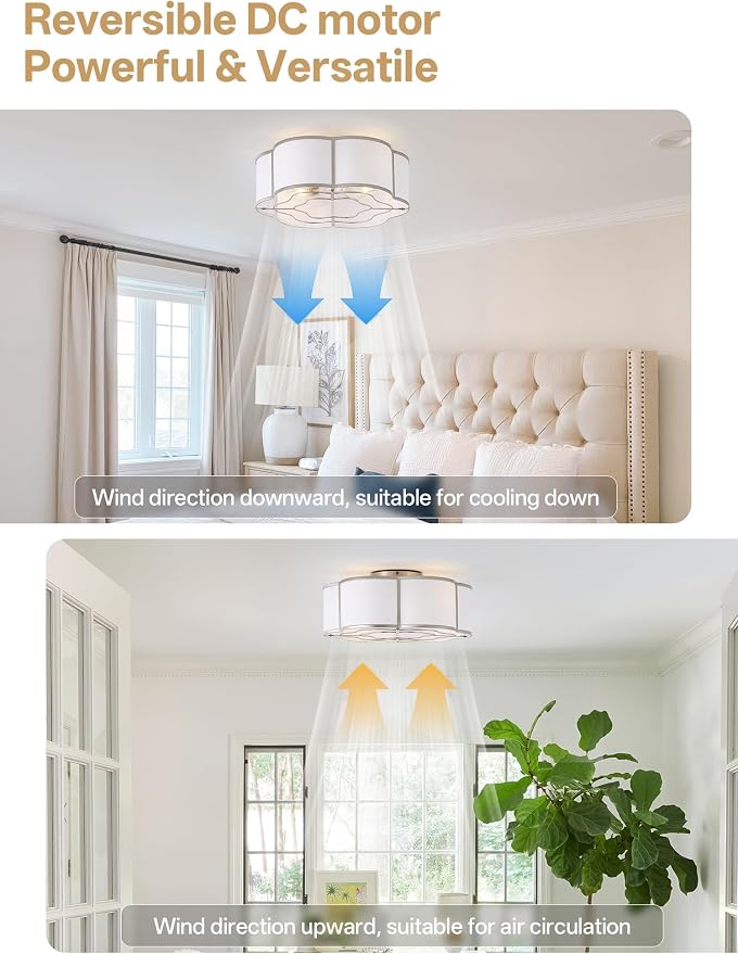 20" Boho Ceiling Fan with Lights Flush Mount, Silver Enclosed Ceiling Fans with Lights Remote Control, Caged with 6 Speeds for Bedroom, Living Room, Nursery