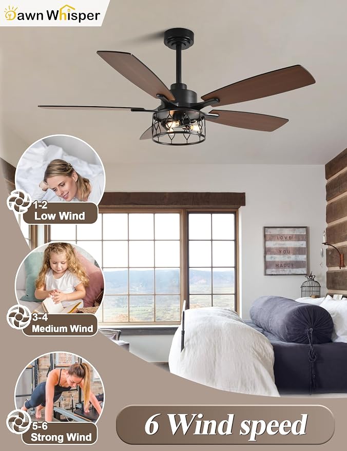 Dawn Whisper 52 Inch Black Ceiling Fans with Lights Farmhouse Ceiling Fan with Remote for Bedroom Living Room Caged Classic Chandelier Fan for Indoor(NO Bulbs
