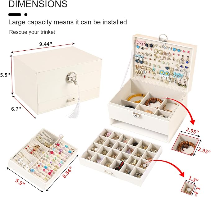 BOOVO Large Jewelry Boxes For Women (White, 5 layer) | 5 Layers Jewelry Organizer Box With Cosmetic Storage Drawer, Necklace Ring Jewelry Organizer Box
