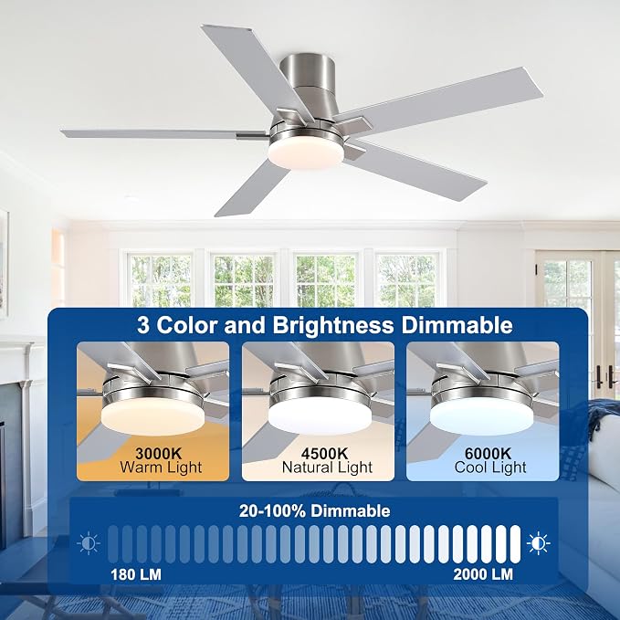 52 Inch Flush Mount Brushed Nickel Ceiling Fans with Lights and Remote | 6 Speed Reversible DC motor,3-color temperature dimmable LED.For indoor/covered outdoor.Modern style for bedroom room