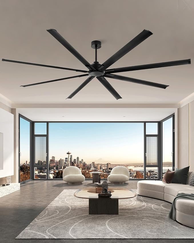 [HVLS]96 Inch Industrial Ceiling Fan, Extra Large Commercial Big Assed Ceiling Fan, 8 Aluminum Blades, Reversible DC Motor, Remote Control with 6 Speeds, 3 Downrods, for Shop, Garage, Gym, Black