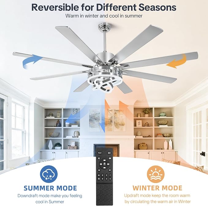 72" Ceilling Fans with Lights, Chandelier Fan Modern DC Motor Dimmable Led Fandelier Ceiling Fan with Light for Bedroom, Living Room, Indoor/Outdoor, Silver