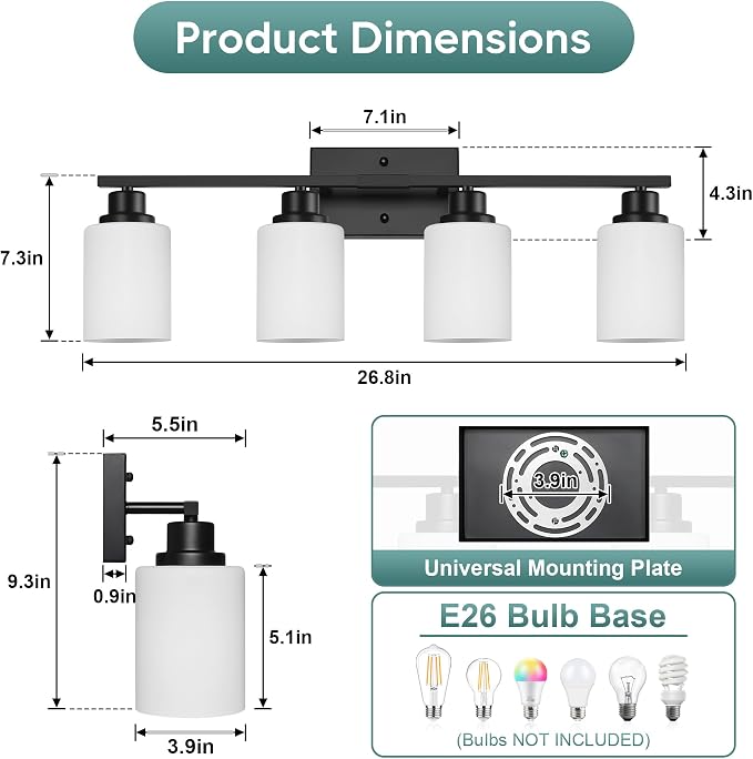 Ascher Bathroom Light Fixtures, 4-Light Vanity Light Over Mirror, Matte Black Wall Sconces with Milky White Frosted Glass Shades, Wall Lamp for Living Room Bedroom, E26 Base(Bulbs Not Included)