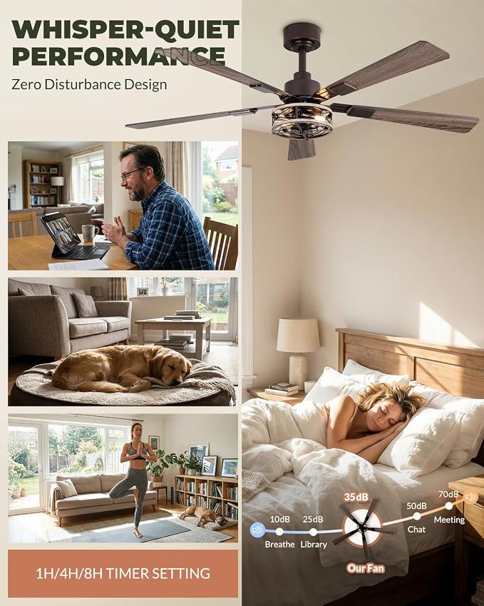 52 Inch Ceiling Fans with Lights and Remote, Farmhouse Caged Flush Mount Ceiling Fan with 6 Speeds Bladeless for Living Room Bedroomm, E12 Base, Quiet and Reversible DC Motor, Walnut