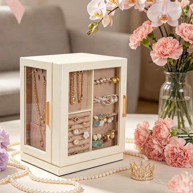 GUOER Jewelry Box for Women, 360° Rotating Jewelry Organizer, Beige | 5 Drawers & Glass Display, Large Storage Case for Necklaces/Earrings/Rings, PU Leather, 8.7x6.9x11.2 in