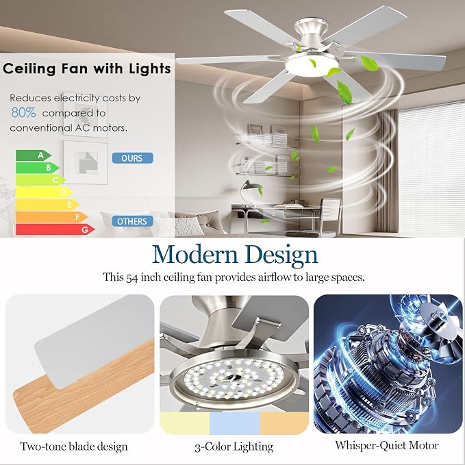 Ceiling Fans with Lights,54 Inch Low Profile Ceiling Fan with Light and Remote Control,6 Speeds/6 Blade,Flush Mount,LED Dimmable DC Reversible Modern, Nickel Ceiling Fan for Bedroom/Living Room