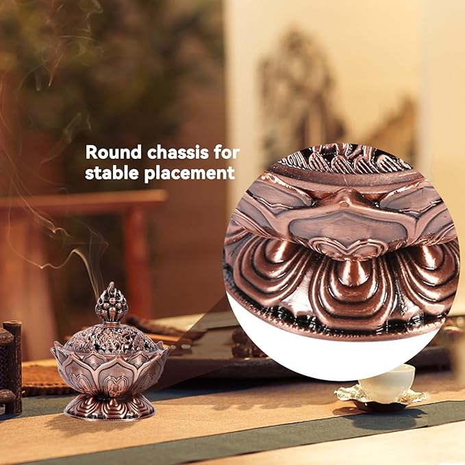 Vintage Backflow Incense Burner Bowl, Lotus Incense Holder Charcoal Ash Catcher Stick Cone Reel Incense for Powder Cone or Coil Incense (Red Bronze)