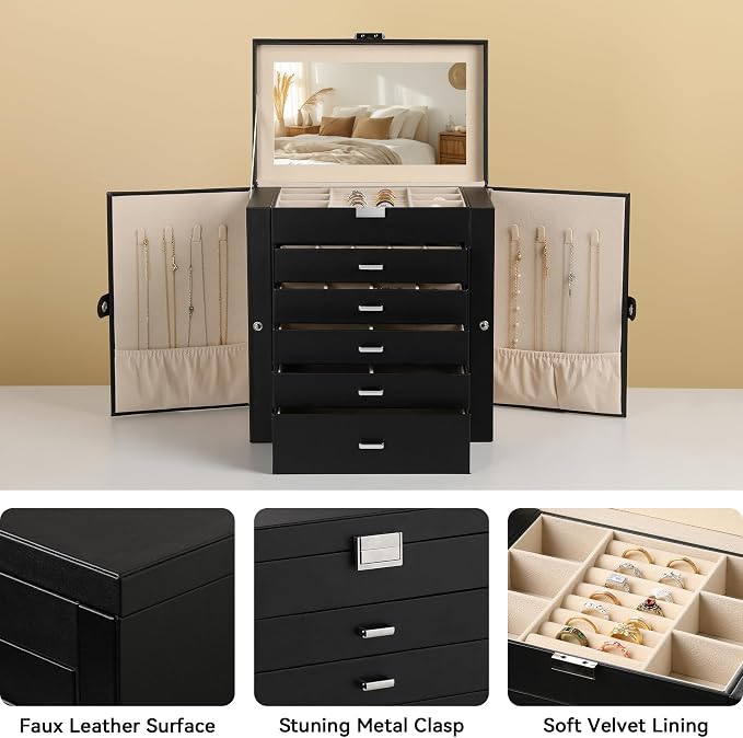 Frebeauty 6-Layer Jewelry Box for Women,Large Jewelry Organizer with Drawer | Faux Leather,Built-in Mirror,Spacious Jewelry Storage,16 Necklace Hooks,Organizing by Category for Rings Earrings Bracelet