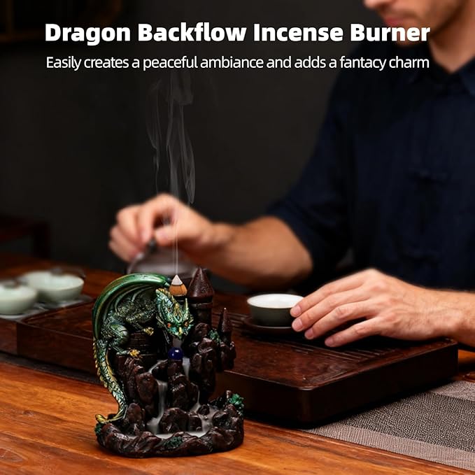 Dragon Backflow Incense Burner, Waterfall Incense Burner Mountain Backflow Incense Holder,Resin Castle and Dragon,Includes 60 Sandalwood Cones and Tweezers,for Home Decoration and Relaxation