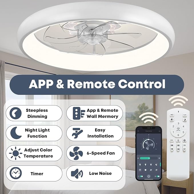 FSZDORJ 20'' Ceiling Fan with Light and Remote, Low Profile Ceiling Fan with Light, Dimmable Flush Mount Ceiling Fan Light, 6 Speeds Fan, App&Remote Control, Fandelier Quiet Fan for Bedroom F109 White