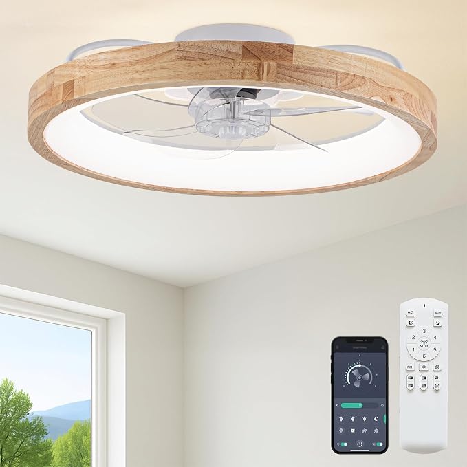 Fszdorj 24'' Ceiling Fan with Light and Remote, Low Profile Ceiling Fan with Light, Dimmable Flush Mount Ceiling Fan Light, 6 Speeds Fan, App&Remote Control, Fandelier Quiet Fan for Bedroom F126