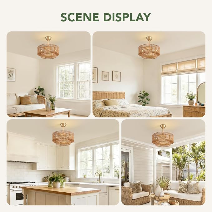 20" Boho Ceiling Fan Light and Remote, Rattan Ceiling Fan light Caged Fandelier with Lights Flush Mount, 6 Wind Speeds Enclosed Ceiling Fan for Bedroom, Living Room, Dining Room
