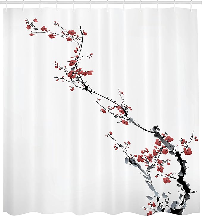 Ambesonne Watercolor Flower Shower Curtain, Sakura Tree Cherry Branches in Classic Style Artwork, Cloth Fabric Bathroom Decor Set with Hooks, 69" W x 70" L, Coral Black