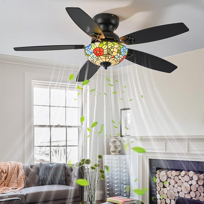 Tiffany Ceiling Fans with Lights - 48" Ceiling Fan Chandelier with 5 Dual-Blades and Glass Shade, 6 Speeds and Reversible, Indoor and Outdoor, Retro Style