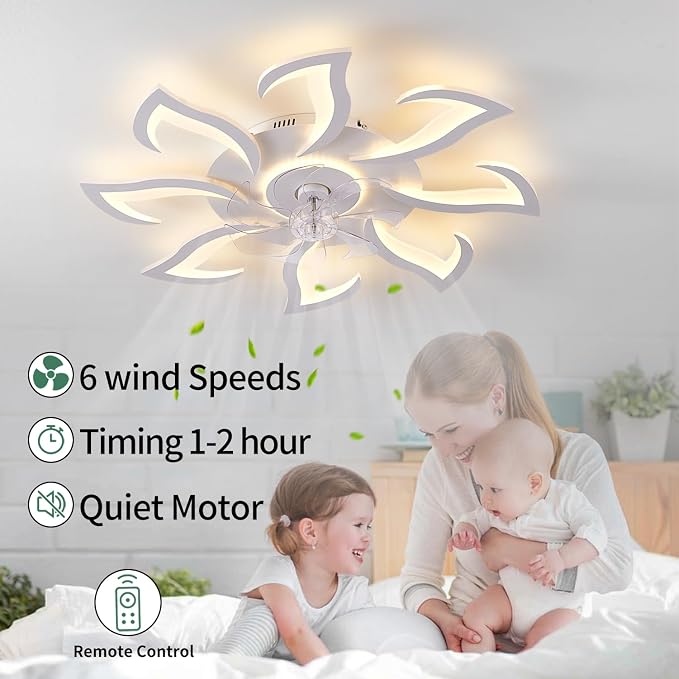 Modern Ceiling Fan with Lights, White Flush Mount Ceiling Fan with Remote & APP Control, Dimmable LED Ceiling Fan Light, 6 Speed Low Profile Fan for Bedroom Living Room