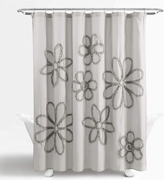 Lush Decor Light-Gray Ruffle Flower Polyester Shower Curtain (72" x 72")