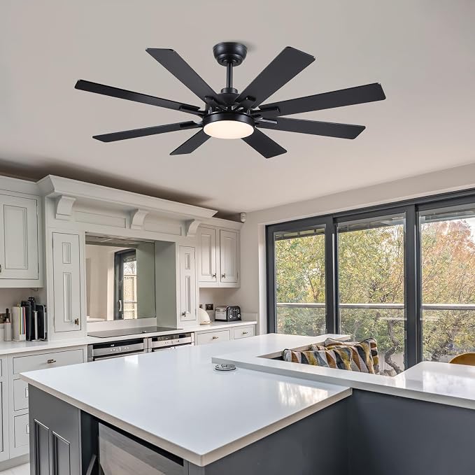 Kviflon 52 Inch Ceiling Fans with Lights, Modern Black Ceiling fan with light for Bedroom Living Room Indoor Outdoor, Remote/APP Control, Reversible Quiet DC Motor, Dimmable LED, 8 Wooden Blades