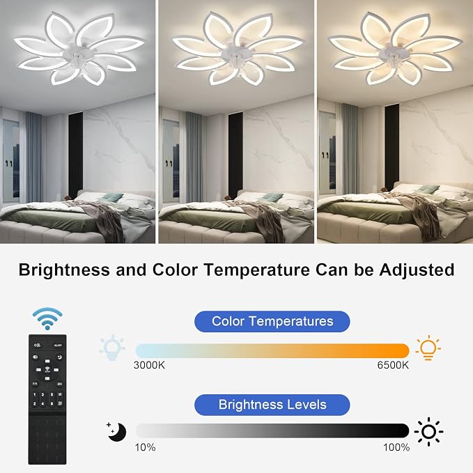 35" Geometric Ceiling Fan with Light Remote Control, 6 Speeds 3 Colors, White Low Profile Flush Mount Ceiling Fan for Kitchen Bedroom Living Room