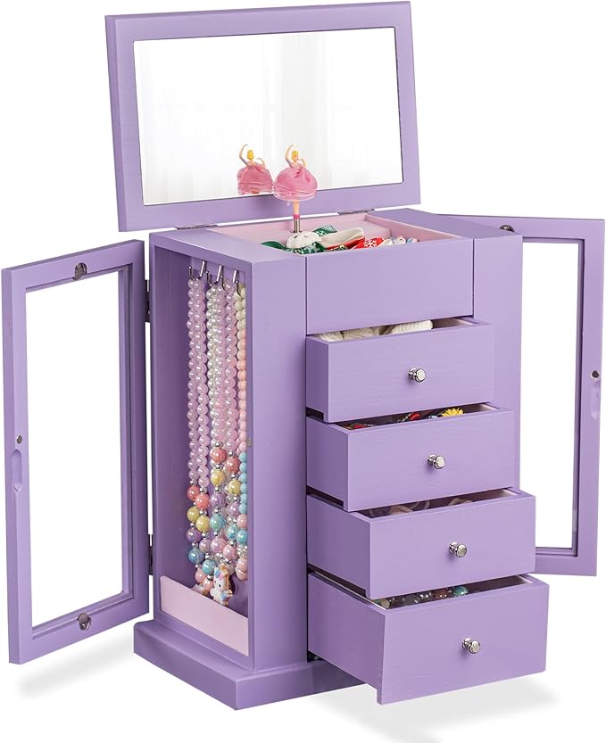 Emfogo Jewelry Box for Girls, Musical Jewelry Box with Spinning Dancer Gifts for Little Girls Christmas New Year Birthday Children's Day, 5 Layer Large Wooden Kids Music Jewelry Organizer Box(Purple)